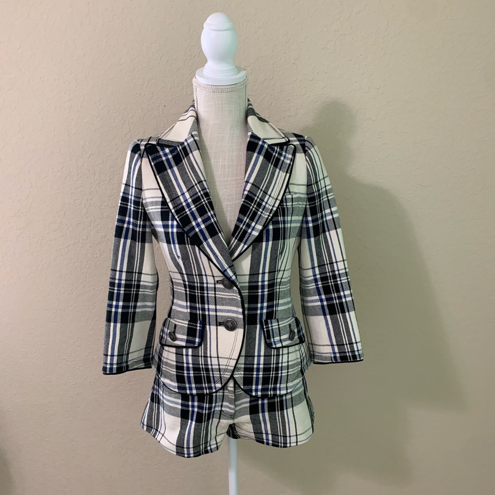 Burberry White and Navy Plaid Blazer and Shorts
